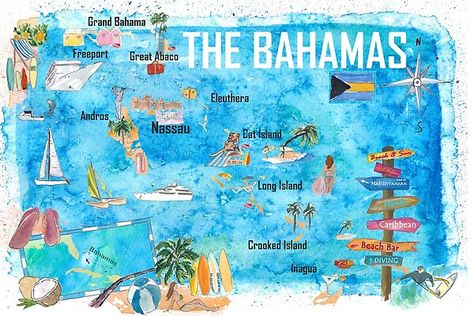 The Bahamas Illustrated Map with Main Roads Landmarks and Highlights Cat Island, Key West Florida, The Bahamas, Illustrated Map, Grand Art, Florida Keys, Nassau, Vintage Map, Key West