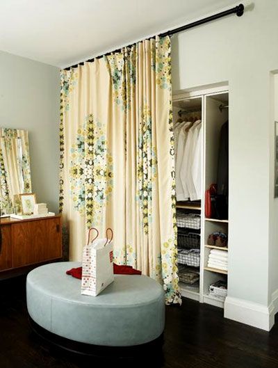 Bedroom Closet Door. A pull down shade also works well. If you rent be sure and save the doors! Curtains For Closet Doors, Old Closet Doors, Mirrored Closet, Ideas Armario, Door Alternatives, Pretty Closets, Diy Closet Doors, Bedroom Closet Doors, Closet Curtains