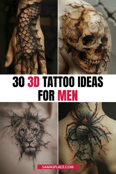 3D tattoo ideas for men featuring hyper-realistic designs with depth and detail. 3d Tattoo Ideas, Cover Up Tattoos For Men, Hyper Realistic Tattoo, Optical Illusion Tattoo, Tattoo Ideas For Men, 3d Tattoos, 3d Tattoo, Top List, Realism Tattoo