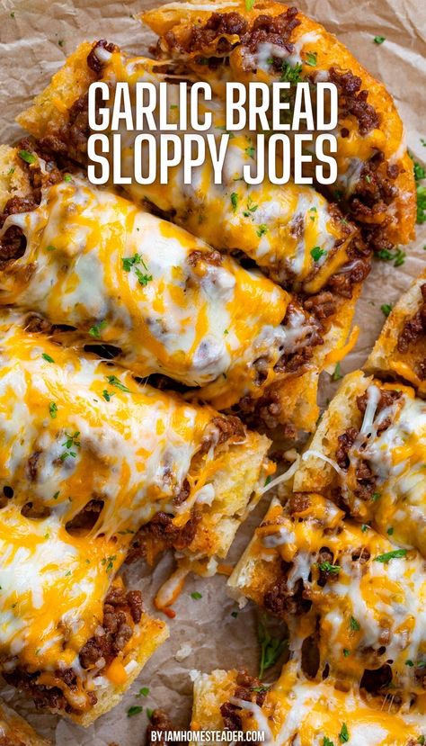 A loaf of Garlic Bread Sloppy Joes, sliced and resting on a piece of parchment paper. Garlic Bread Sloppy Joes, Fat Pants, Classic Sandwich, Sloppy Joes Recipe, Beef Casserole Recipes, Sloppy Joe, Italian Bread, Beef Recipes Easy, Sloppy Joes