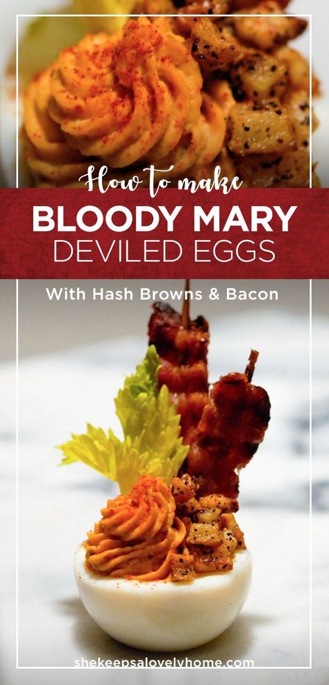 These Bloody Mary deviled eggs with bacon and mini hash-browns are a delicious 4-course brunch in a single bite! Easter Brunch Cocktails, Deviled Eggs With Bacon, Easter Brunch Buffet, Eggs With Bacon, Eggs Potatoes, Food Easter, Appetizers Ideas, Devilled Eggs Recipe Best, Easter Appetizers