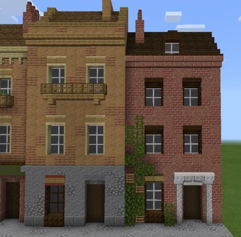 Minecraft Terraced House, Minecraft Row Houses, Minecraft Townhouse Ideas, Minecraft Town Houses, Minecraft Brick House, Townhouse Minecraft, Minecraft Apartment Building, Minecraft City Ideas, Minecraft Townhouse