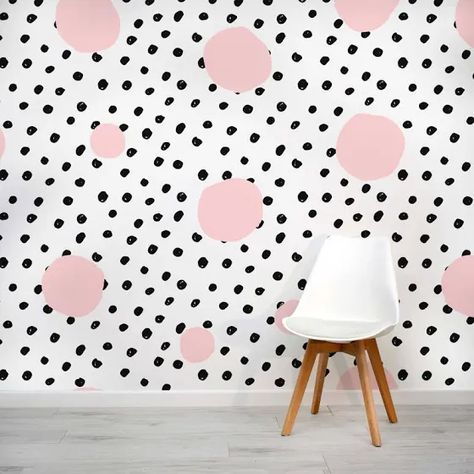 Wall Mural - Pink and Black Polka-Dot Children's - Removable Wallpaper (Peel & Stick) - Made to Measure | Google Shopping Pink And Black Girls Bedroom, Black And Pink Girls Room, Girls Wallpaper Bedroom, Arias Bedroom, Girls Bedroom Wallpaper, Vinyl Wall Covering, Polka Dots Wallpaper, Tree Wall Murals, Turquoise Wallpaper