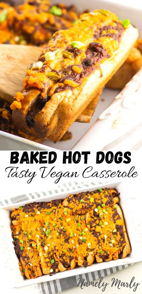 If you love a good chili cheese dog, you’ll really love this easy vegan Baked Hot Dogs recipe. That’s because it’s a meat-free hot dog, in a bun, and loaded with veggie chili, chopped green onions, and lots of vegan cheese on top. It’s a perfect meatless Monday recipe! #namelymarly #veganhotdogs #veggiedogs #vegetarianhotdogs #hotdogcasserole #bakedhotdogs #veganhotdog #vegancasserole Best Vegetarian Sandwiches, Hot Dog Casserole, Baked Hot Dogs, Vegan Hot Dog, Chili Cheese Dogs, Veggie Chili, Vegan Casserole, Vegan Baked, Yummy Healthy Breakfast