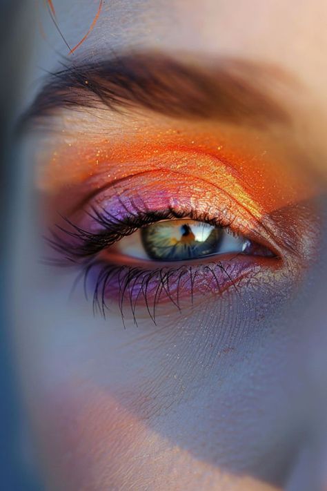 Orange Summer Makeup, Orange And Gold Eye Makeup, Sunrise Makeup Looks, Eyeshadow Ideas For Beginners, Brown And Orange Makeup, Blue Inner Corner Eyeshadow, Sun Makeup Looks, Sunset Eyeshadow Looks, Makeup Orange Eyeshadow