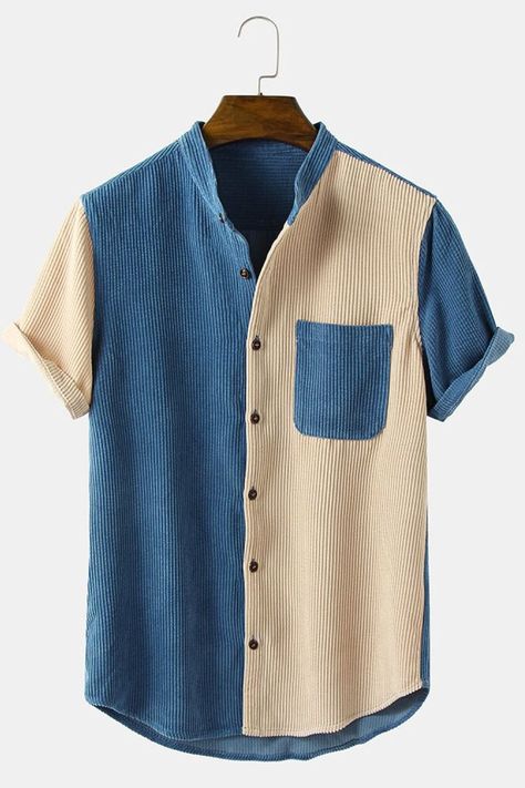 Patchwork T Shirt, Stand Collar Shirt, Fashion Stand, Corduroy Shirt, Corduroy Shorts, Shirts Summer, Latest Mens Fashion, Summer Design, Shirt Button