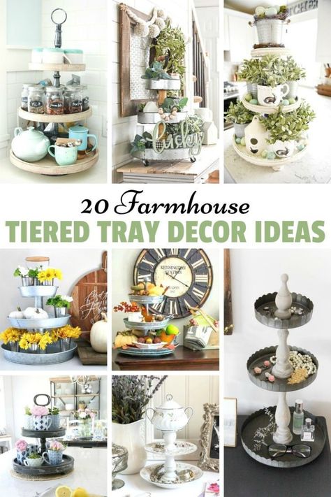 Knick of Time | Tiered Tray Decor 20 Farmhouse Ideas and Ideas Wanted | https://knickoftime.net Two Tier Tray Decor, 3 Tiered Tray Decor, Tiered Tray Decor Kitchen, Tiered Tray Decor Ideas, Tray Decor Ideas, Three Tier Tray, Farmhouse Tiered Tray Decor, Tiered Tray Stand, Tiered Server