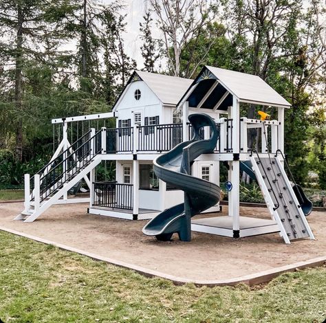 Playset Ideas Backyard, Large Playhouse Outdoor, Kid Play Area Backyard, Play Ground For Kids Backyard Ideas, Backyard With Playground, Family Backyard Layout Play Areas, Farmhouse Playground, Backyard Mansion, Kids Playground Backyard