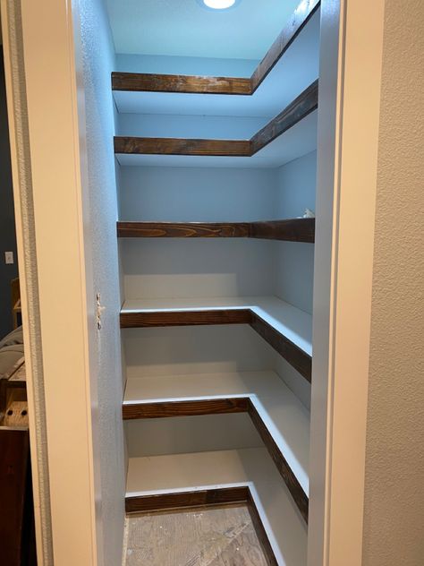 Re-model of our kitchen/living/dining room. My master carpenter didn’t want just an average pantry! Narrow Wall Pantry, Narrow Pantry Cupboard, Narrow Kitchen Pantry Ideas, Narrow Pantry Closet, Diy Small Pantry Ideas, Deep Narrow Pantry, Long Narrow Pantry, Narrow Pantry Ideas, Water Heater Closet