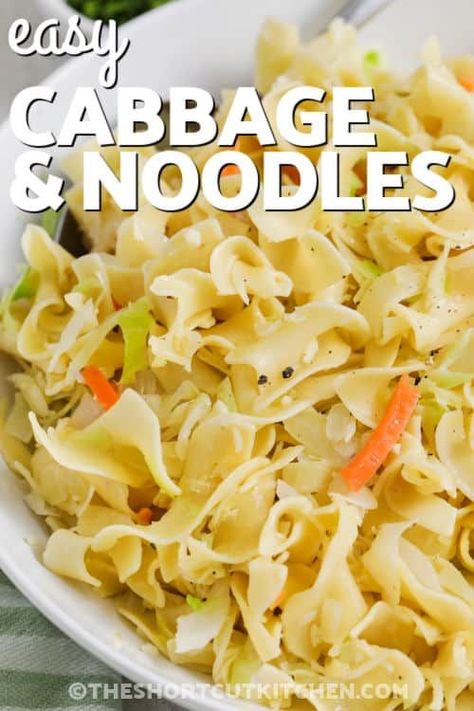 Whip up a tasty meal with cabbage and noodles! Mix egg noodles with fried onions, garlic, and coleslaw for a flavorful family favorite. It's a simple dish with just five ingredients and four steps! Give it an Asian flair by using glass noodles or Ramen. Need an easy side? Try fried cabbage and noodles with a handful of ingredients. #theshortcutkitchen #cabbageandnoodles #cabbageandnoodlesrecipe #noodlesandcabbage Egg Noodles And Cabbage, Easy Asian Cabbage Recipes, Cabbage Noodles Recipes, Egg Noodle Side Dish, Cabbage And Noodles Recipe, Fried Cabbage And Noodles, Frying Pan Recipes, Southern Fried Cabbage, Egg Noodle Recipes