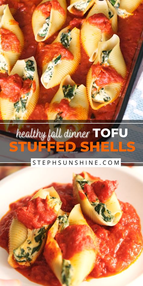 Top: tofu stuffed shells in a casserole dish; bottom: three tofu stuffed shells on a plate topped with marinara sauce; text says, "healthy fall dinner: Tofu Stuffed Shells." Tofu Ricotta Stuffed Shells, Vegan Shells Stuffed, Vegan Stuffed Shells Tofu, Tofu Ricotta Recipe, Dairy Free Stuffed Shells, Vegan Thanksgiving Dishes, Stuffed Shells With Spinach, Stuffed Tofu, Vegan Stuffed Shells