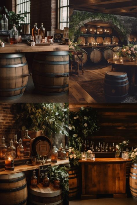 Rustic Pub Wedding, Bourbon Tasting Decor, Whiskey Bridal Shower Ideas, Whiskey And Wine Wedding, Bluegrass And Bourbon Party, Bourbon Themed Wedding, Whiskey And Cigars Birthday Theme, Whiskey Bar Ideas Party, Wedding Bourbon Bar