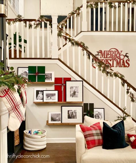 My five favorite holiday decorating staples from Thrifty Decor Chick Christmas Picture Ledge Decor, Picture Ledge Decor, Style A Picture Ledge, Family Photo Display, Diy Christmas Box, Ledge Decor, Long Picture, Picture Ledges, Plaid Napkins