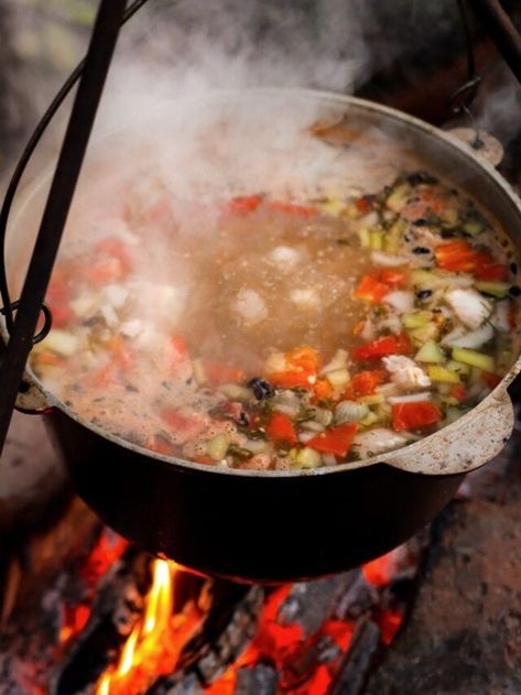 Soups Over Campfire, Campfire Soups And Stews, Soup Over The Fire, Camping Soups And Stews, Soups For Camping, Campfire Soup Recipes, Camping Soup Recipes, Campfire Soup, Camping Soup