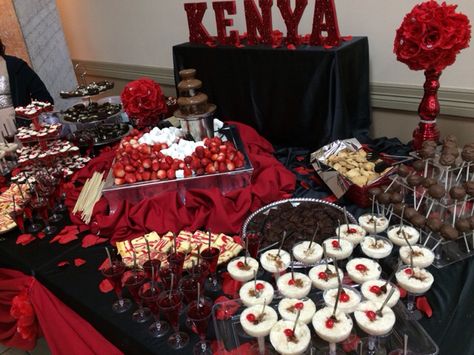 Red desert table , quinceañera, Red Quinceanera Theme, Sweets Table Ideas, Red Quinceanera Ideas, Quinceanera Red, Red Snacks, Quince Planning, Red Desserts, Quinceanera Nails, Red Quince