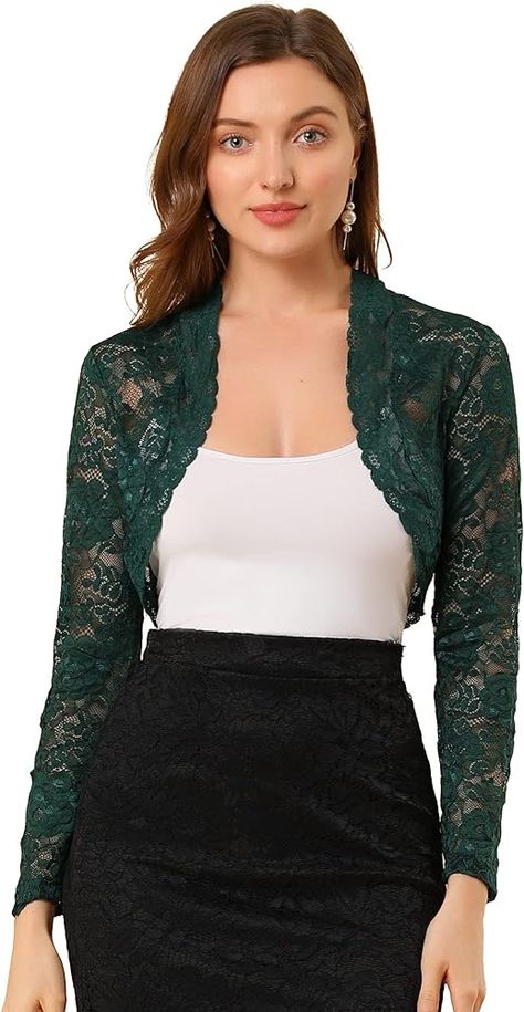 Allegra K Women's Lace Shrug Elegant Long Sleeve Sheer Short Lace Bolero Shrugs Green 8 : Amazon.co.uk: Fashion Short Shrug, Islamic Modest Fashion, Shrug Top, Lace Shrug, Lace Bolero, Bolero Shrug, Crop Cardigan, Bolero Jacket, Uk Fashion