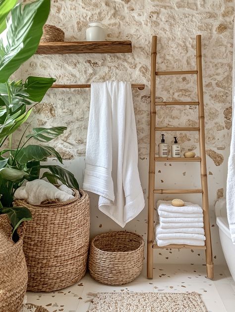 u1942658271_Generate_a_bathroom_with_a_bamboo_ladder_for_towe_758dc4ca-8dd6-45c7-9e28-20aa7819b8ad_0 Bathroom With Bamboo Accents, Bamboo Towel Ladder, Bathroom Towel Racks, Towel Ladder Bathroom, Bathroom Towel Ladder, Bathroom Towel Rack Ideas, Bamboo Ladders, Boho Eclectic Decor, Towel Basket