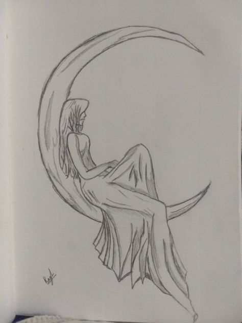 Moon girl waiting for someone looking through the night Moon As A Person Drawing, Woman Sitting On Moon Tattoo, Sitting On Moon Tattoo, Moon Girl Tattoo, Sketches With Meaning, Moon Night Drawing, Moon Sketch, Word Tattoo Ideas, Dream Drawing