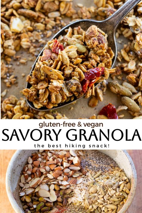 This Vegan Savory Granola is the perfect hiking snack or topping for soups & salads! This savory granola recipe post includes tons of spice options to customize the flavor. Ready in less than 45 minutes. Savory Granola Recipe, Savory Granola, Easy Granola Recipe, Easy Granola, Nut Granola, Hiking Snacks, Baked Granola, Gluten Free Granola, Granola Recipe