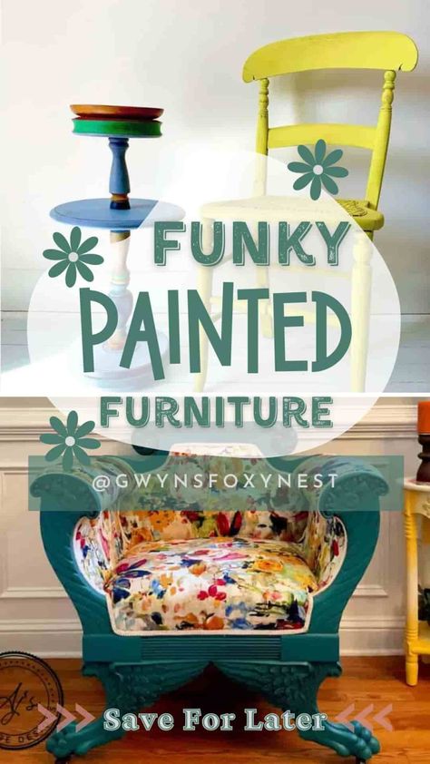 Funky Painted Furniture Furniture Painting Ideas Designs, Bohemian Painted Furniture Ideas, Funky Painted Chairs, Funky Painted Furniture Bohemian, Funky Furniture Diy, Whimsical Painted Furniture Ideas, Painted Side Table Ideas, Funky Painted Furniture Ideas, Boho Furniture Makeover