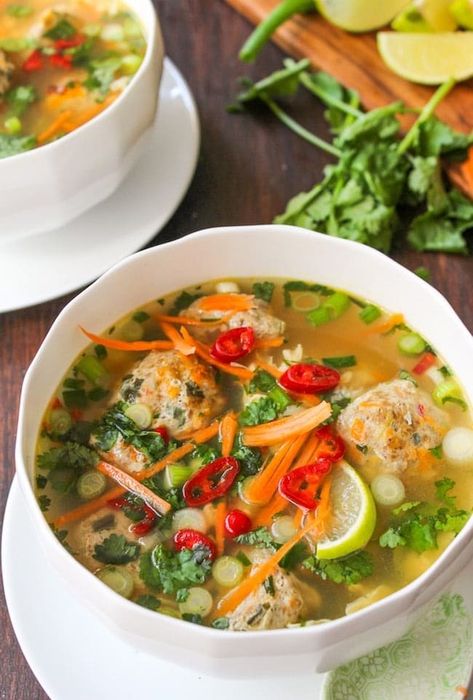 Thai Meatball and Egg Drop Soup: Thai flavours mixed into a traditional egg drop broth for a comforting and filling soup. #Paleo + #Whole30 + #LowCarb #EggDropSoup #HealthyRecipes Whole30 Soup Recipes, Whole 30 Lunch, Winter Soup Recipe, Paleo Soup, Egg Drop Soup, Egg Drop, Paleo Lunch, Paleo Whole 30, Food Blogs