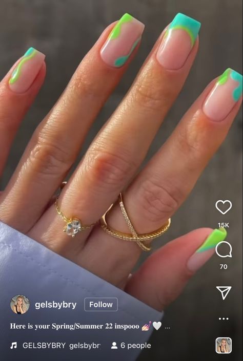 Bright Summer Nails Designs Neon French Tips, Neon French Tip Nails Square, Teal Tip Nails, Neon Green Summer Nails, Teal French Tip Nails Square, Bright Green French Tip Nails, Neon Teal Nails, Light Teal French Tip Nails, Teal Square Nails