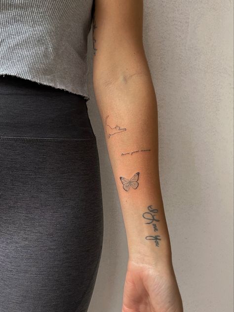 Cat tattoo, script tattoo, butterfly tattoo, sticker sleeve, fineline, single needle Sticker Sleeve, Script Tattoo, Finger Tattoo For Women, Tattoo Butterfly, Tattoo Script, Tattoo Sticker, Finger Tattoos, Tattoo Stickers, Cat Tattoo