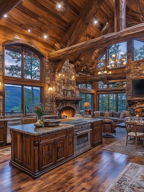 Interior Log Cabin, Log Cabin Mansions, Mansion Kitchen, Mansion Living Room, Modern Log Cabins, Fairytale Houses, Barn House Interior, Log Cabin Living, Kerala House