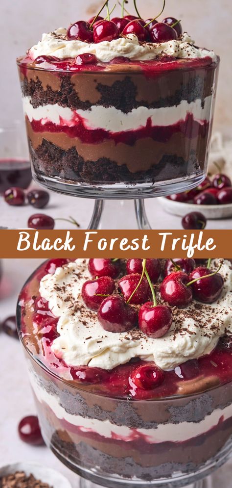 Black Forest Trifle Recipe | Cheff Recipes German Chocolate Trifle Desserts, Cherry Chocolate Trifle, Black Forest Parfait, Black Forest Cake Trifle, Dessert Recipes With Cherries, Black Forest Truffle, Black Forest Torte, Chocolate And Fruit Desserts, Black Forest Brownies Recipes