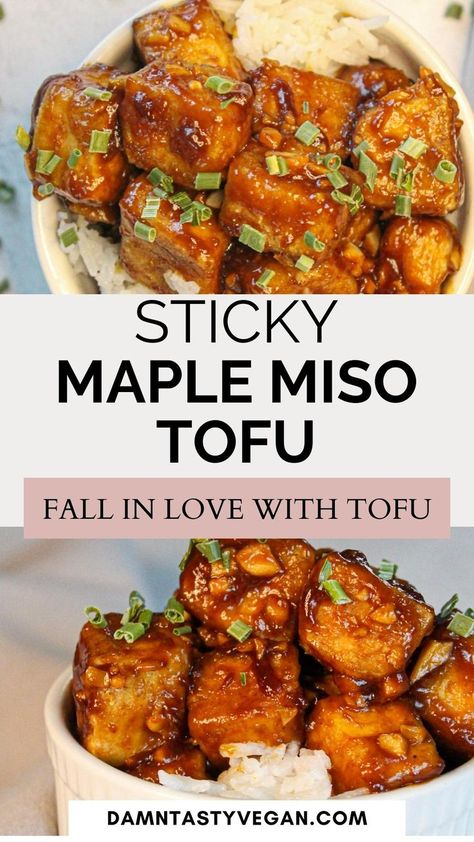 Sticky maple miso tofu in a serving dish over rice. Miso Tofu Recipe, Tofu Veggie Stir Fry, Miso Marinade, Miso Tofu, Glazed Tofu, Best Tofu, Quiche Vegan, Tofu Recipes Healthy, Miso Recipe