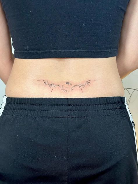 Lower Back Ocean Tattoo, Classy Lower Back Tattoos, Koi Fish Lower Back Tattoo, Celestial Lower Back Tattoo, Lower Back Tattoo Ideas For Women, Ocean Lower Back Tattoo, Dainty Lower Back Tattoos For Women, Cool Lower Back Tattoos, Classy Lower Back Tattoos For Women