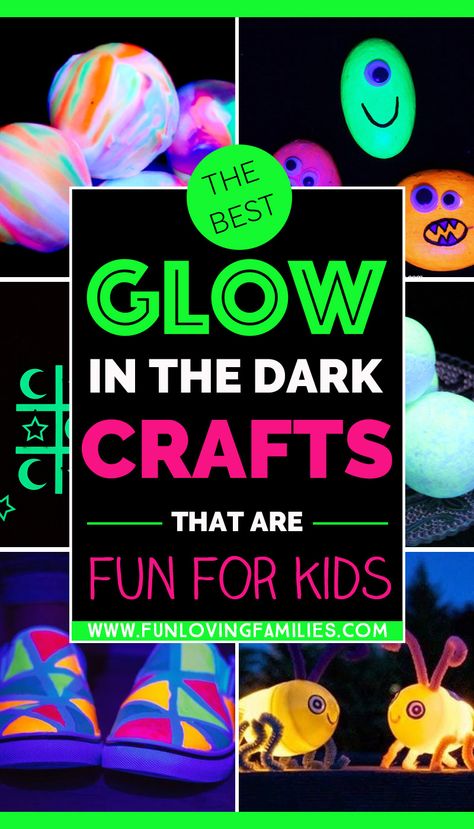 Kids will have so much fun making and playing with these glow in the dark crafts. Add these crafts and activities to your Summer Fun list! At Home Glow Party, Ideas For Glow In The Dark Parties, Glow In The Dark School Party, Glow Day Craft, Glow In The Dark Art For Kids, Neon Crafts For Kids, Glow In The Dark Classroom Activities, 80s Crafts For Kids, Glow Day Classroom Activities