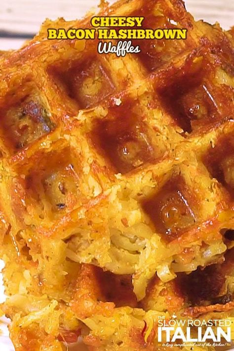 Cheesy Bacon Hashbrown Waffles - The Slow Roasted Italian Hash Brown Waffles, Hashbrown Waffles, Waffle Iron Recipes, Egg Bites Recipe, Blueberry Breakfast Cake, Waffle Maker Recipes, The Slow Roasted Italian, Cheese Breakfast, Cheesy Bacon