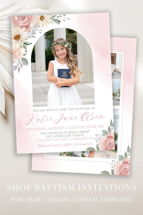 Celebrate your daughter's special day with this gorgeous baptism invitation. This template features a beautiful watercolor design and can be easily customized with your daughter's photos. Invite friends and family to come share in this special milestone with ease. Simply edit online to get the perfect baptism invite, no software needed. #LDSBaptism #BaptismInvite #LDSGifts #Baptism #LDSBaptismInvite #BaptismInvitations #LDSChurch #LdsBaptismGirl Lds Baptism Invitation, Baptism Pictures, Baptism Announcement, Baptism Invitations Girl, Lds Gifts, Lds Baptism, Primary Ideas, Baptism Decorations, Baptism Invitation