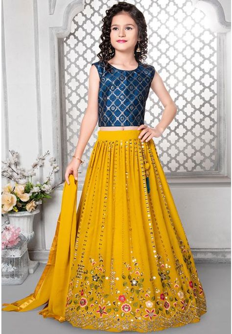 Mustard Yellow Faux Georgette Kids Lehenga Choli - ANB65101R Blue Lehenga Choli, Kids Lehenga Choli, Ikkat Dresses, Modest Evening Dress, Yellow Lehenga, Kids Lehenga, Georgette Dupatta, Salwar Dress, Dress Salwar Kameez