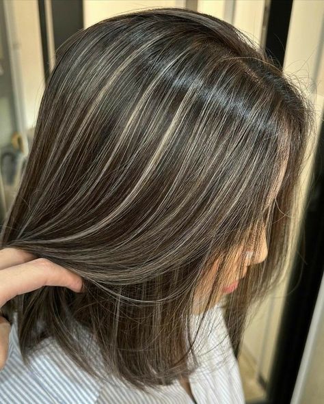 Chocolate Brown Hair With Silver Highlights, Brown Hair With Micro Highlights, Dark Brown Hair With White Highlights, Rayos En El Cabello Oscuro, Mechas Color Beige, Dark Hair Light Highlights, Smoky Grey Hair, Platinum Highlights On Dark Hair, Highlights For Grey Hair