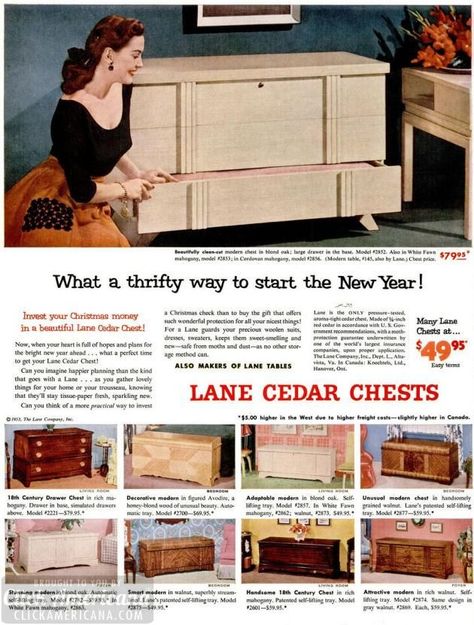 LIFE Jan 5, 1953 hope chest Lane Cedar Chest, Hope Chests, Chest Furniture, Furniture Ads, Lane Furniture, Cedar Chest, Sun City, Old Magazines, Old Ads