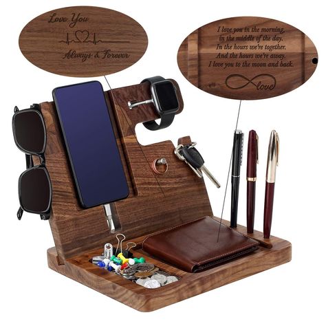 that keeps your essentials close at hand. Great gift idea for Father's Day, birthday, or any other special occasion. #mensgift #fathersdaygift #birthdaygift Nightstand Organizer, Boss Birthday Gift, Wood Docking Station, Phone Docking Station, Wooden Docking Station, Phone Charging Station, Halloween Costumes To Make, Key Holder Wallet, Nightstand Organization