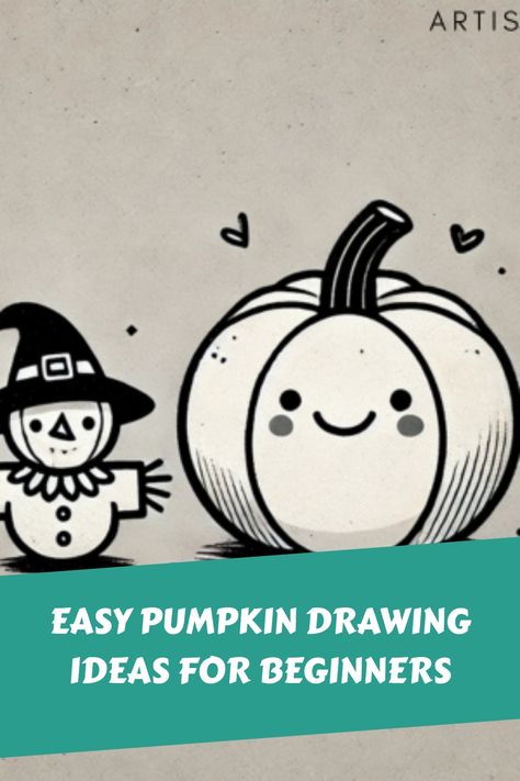 Cute cartoon pumpkin and scarecrow with happy expressions, promoting beginner-friendly drawing ideas. Scary Pumpkin Drawing, Easy Pumpkin Designs, Pumpkin Drawing Ideas, Pumpkin Sketch, Scary Pumpkin Faces, Drawing Ideas For Beginners, Beginner Artist, Polka Dot Pumpkin, Pumpkin Drawing