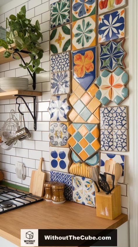 Artistic tile arrangements can dramatically enhance the aesthetic appeal of your kitchen. By exploring colorful tile backsplash ideas, you can transform your space with unique patterns and textures. Consider how geometric designs or accent tiles can create stunning focal points, inviting you to discover more possibilities for your kitchen makeover. #HomeDecor #KitchenDesign #WallDecorInspo #EclecticStyle #DIYHome #InspirationIdeas Wallpaper In Kitchen Backsplash, Decorative Tile Backsplash Kitchen, Half Wall Kitchen Ideas, Colorful Kitchen Walls, Boho Backsplash Kitchen, Colorful Backsplash Kitchen, Kitchen Dado, Colorful Tile Backsplash, Bohemian Kitchen Ideas