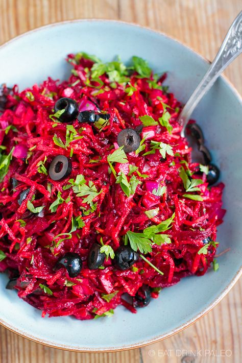 Beetroot & Olive Slaw Salad - Irena Macri | Food Fit For Life Beet Slaw, Slaw Salad, Whole30 Vegan, Tasty Salads, Raw Beets, Box Recipes, Grilled Halloumi, Grilled Eggplant, Onion Relish