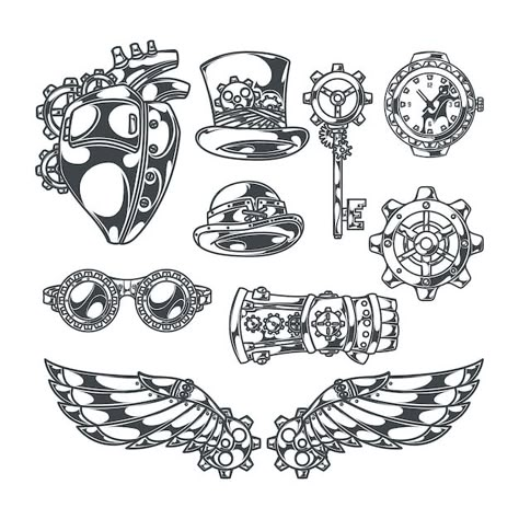 Steampunk set of isolated decorative ico... | Free Vector #Freepik #freevector #clockwork #steam-punk #steampunk #gear-wheel Steampunk Vector, Steampunk Drawings, Punk Tattoo Ideas, Steam Punk Aesthetic, Steampunk Tattoo Design, Steampunk Mechanic, Steampunk Coffee, Steampunk Drawing, Beetle Illustration