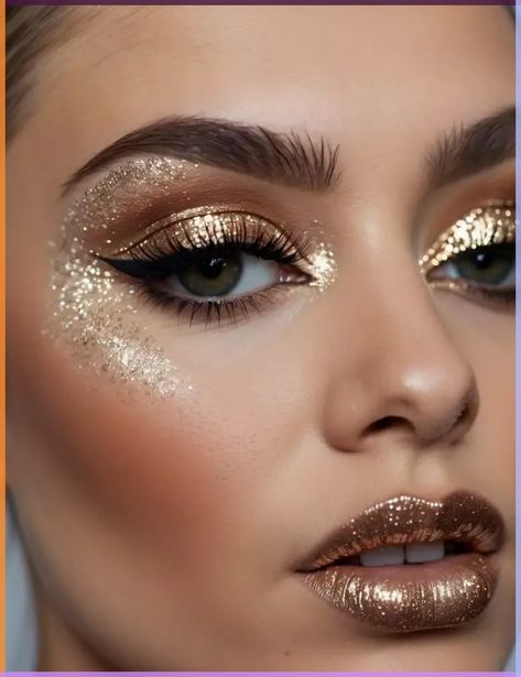 Golden Dress Makeup Look, All That Glitters Party Theme, Gold Makeup Looks Natural, Festival Glitter Looks, Sparkle Makeup Glitter, Gold Christmas Makeup, Gold Sparkle Makeup, Disco Party Makeup, Glitter Photoshoot Ideas