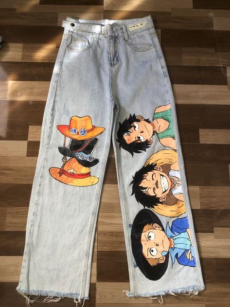 One Piece Jeans, Ace Luffy Sabo, One Piece Painting, Luffy Outfits, Ace Luffy, One Piece Birthdays, Custom Pants, Ropa Upcycling, Anime Crafts Diy