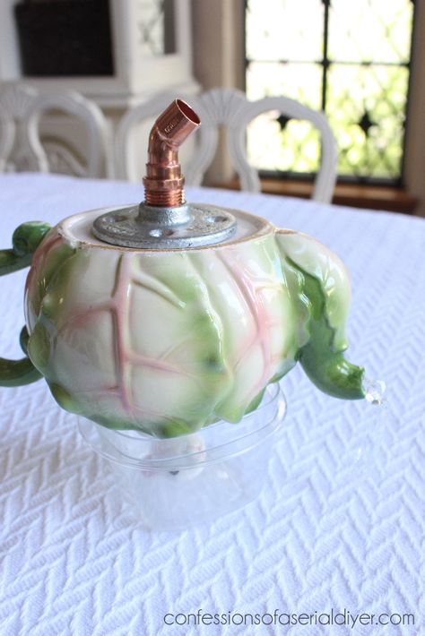 DIY Teapot Garden Feature | Confessions of a Serial Do-it-Yourselfer Teapot Garden, Garden Teapot, Teapot Crafts, Glassware Garden Art, Teacup Crafts, Garden Totems, Recycled Garden, Garden Whimsy, Outdoor Crafts