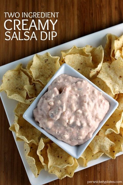 Two ingredient Creamy Salsa Dip couldn't be easier. Cool cream cheese mixed with spicy salsa is the perfect, simple dip! | www.persnicketyplates.com Cream Cheese Salsa Dip, Homemade Chip Dip, Persnickety Plates, Cold Dip Recipes, Creamy Salsa, Cold Dips, Homemade Dips, Two Ingredient, Spicy Salsa