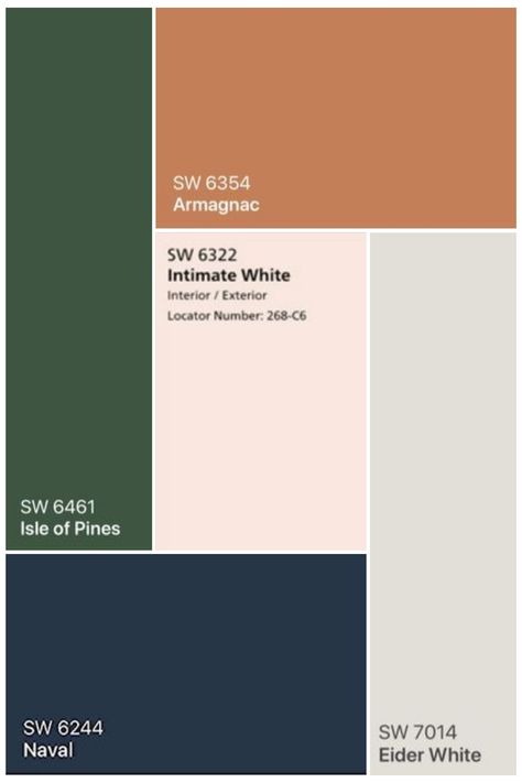 This bold palette has contrasting colors. The three dark saturated paints will make a statement while the two lighter tones add an airy balance. This palette is perfect for a house looking for cozy… Complimentary Colors Interior Design, Italian Color Palette Interior Design, Cozy Interior Color Palette, Terracotta Complimentary Colors, Hacienda Color Palette, Historic Color Palette, Oak Color Palette, Three Color Palette, Airy Color Palette