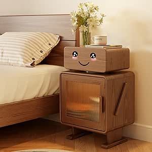 KASLANDI Robot Solid Wood Nightstand, Led Nightstand with 360°Rotating Drawer, Creative Nightstand with Drawers, Easily Assembly,Bedside Table for Bedroom,Living Room (Walnut) Creative Nightstand, Nursery Side Table, Living Room Walnut, Led Nightstand, Nightstand With Drawers, Table For Bedroom, Side Table With Storage, Modern Nightstand, Wood Nightstand