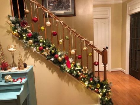 Christmas Banister, Christmas Stairs Decorations, Staircase Decor Ideas, Christmas Staircase Decor, Christmas Stairs, Dollar Tree Christmas Decor, Christmas Staircase, Dollar Tree Christmas, Diy Christmas Decorations Easy