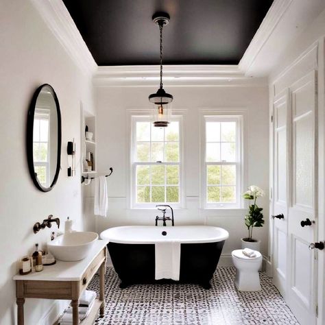 40 Black and White Bathroom Ideas for Your Inspiration Black And White Farmhouse Bathroom, French Country Bathrooms, White Farmhouse Bathroom, Black And White Bathroom Ideas, Claw Tub, Country Bathrooms, Black And White Farmhouse, White Bathroom Ideas, Claw Tubs